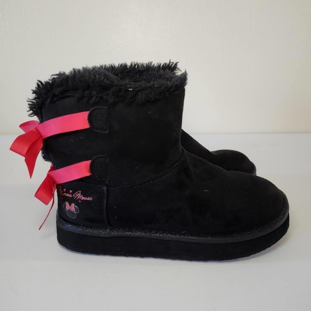Disney Minnie Mouse Girls Kids Black Fur Boots with Red Bow Size 2